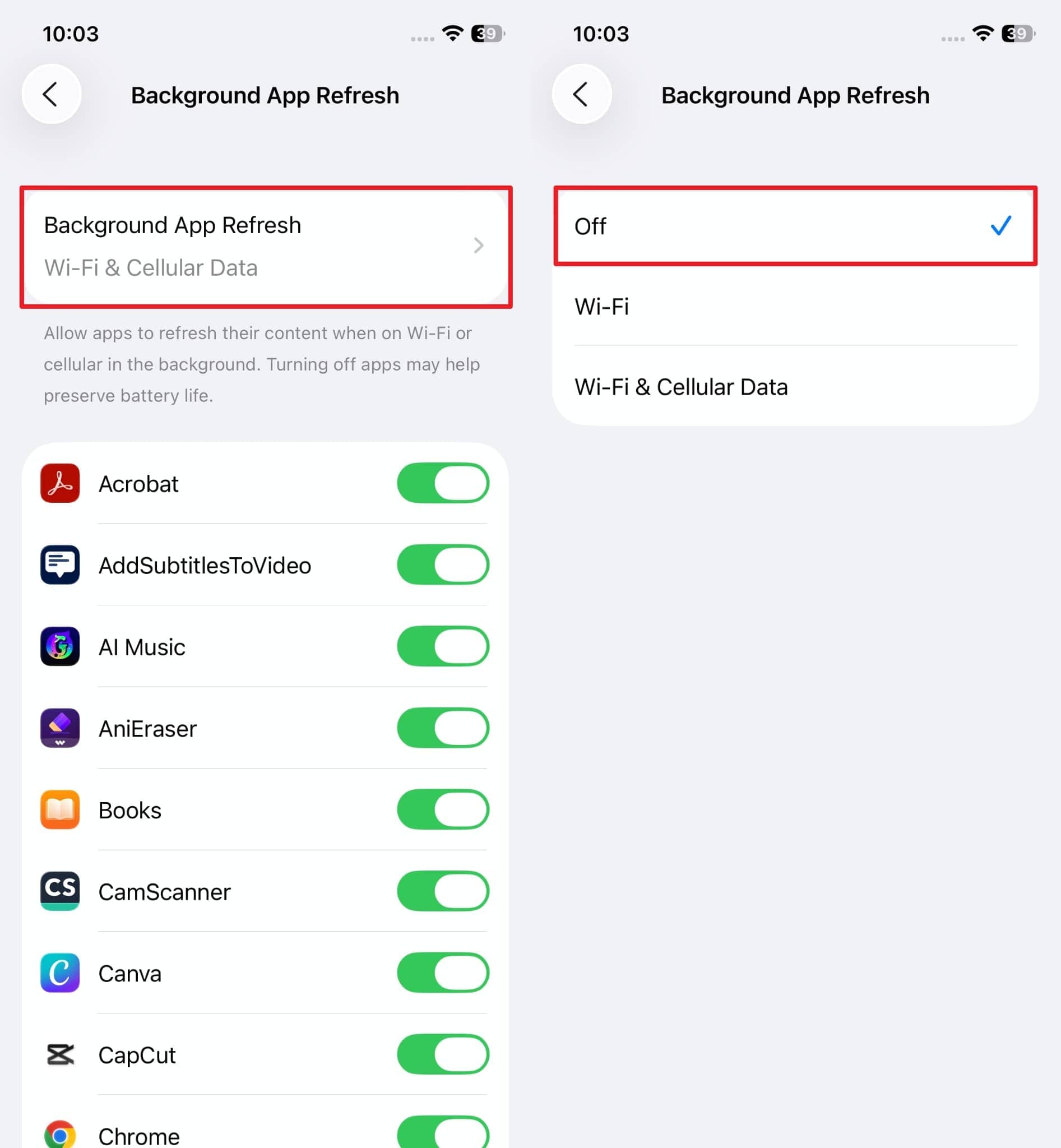 off background app refresh 