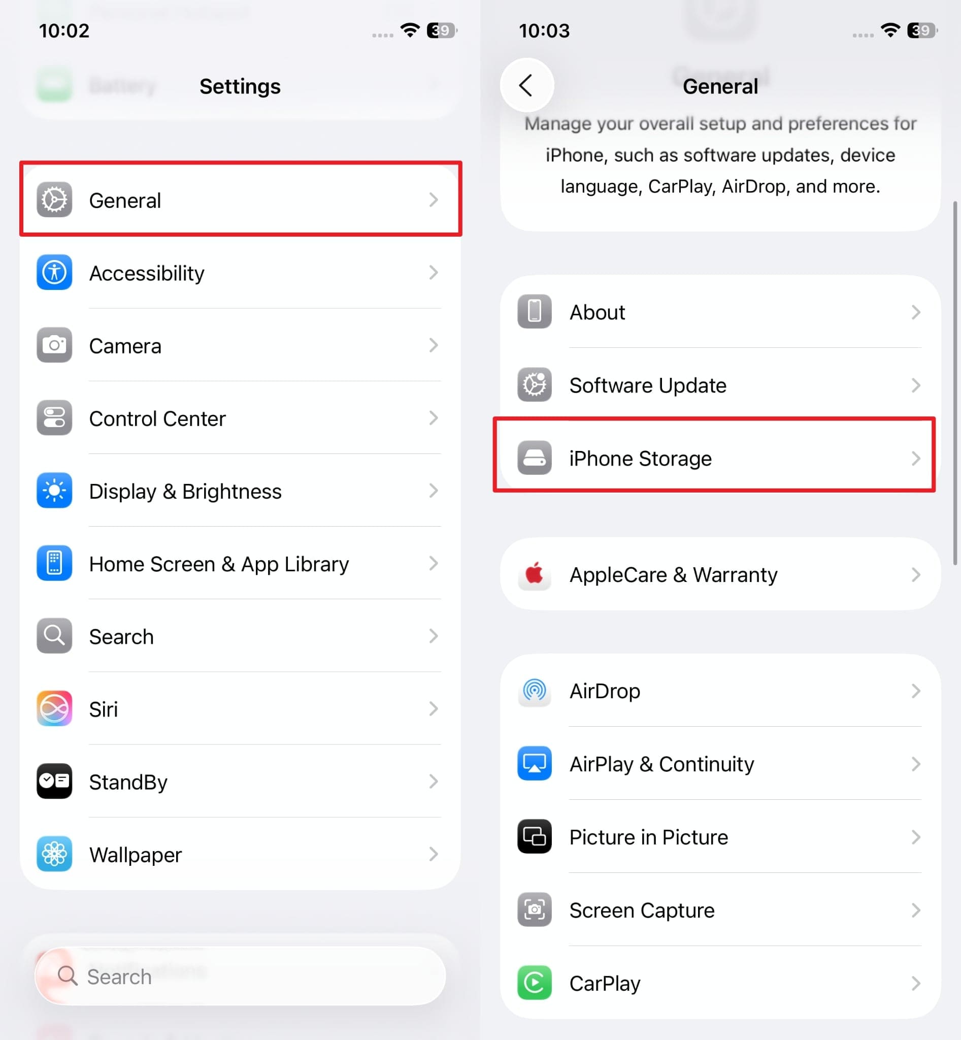 locate iphone storage settings 