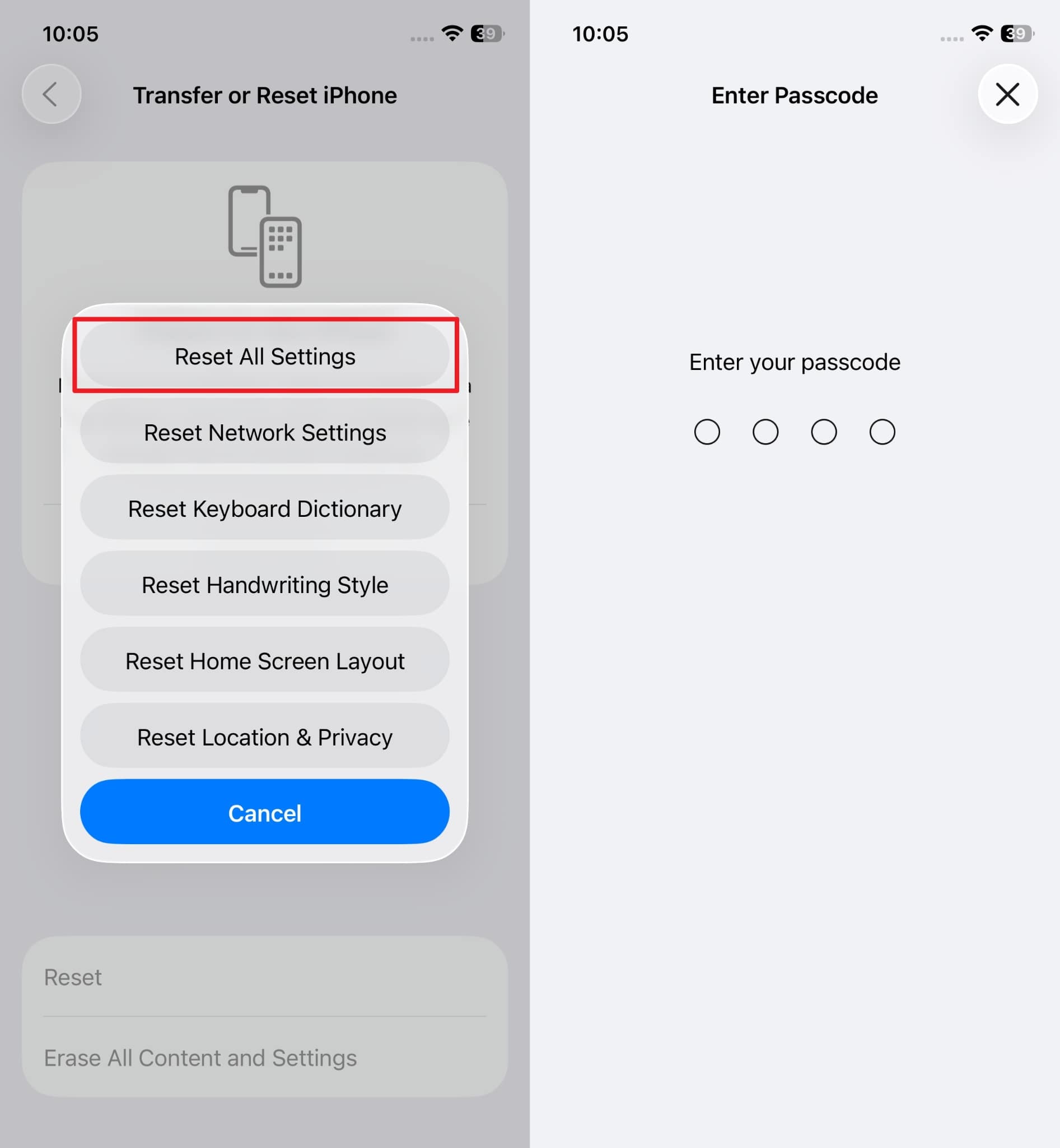 add passcode and reset all settings 