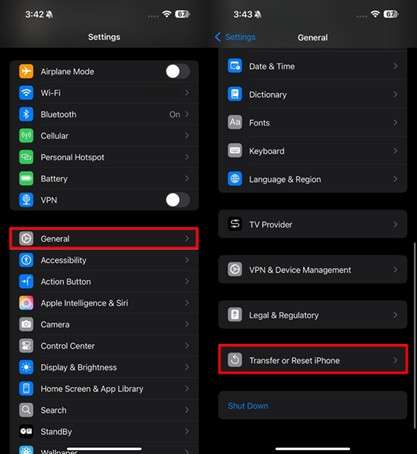tap on transfer or reset iphone