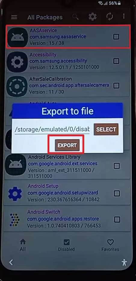 select export and aasaservice