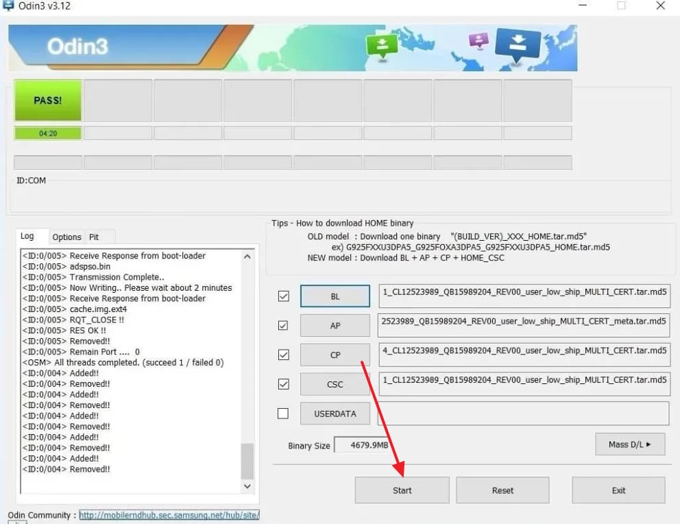 cliquer sur start dans odin