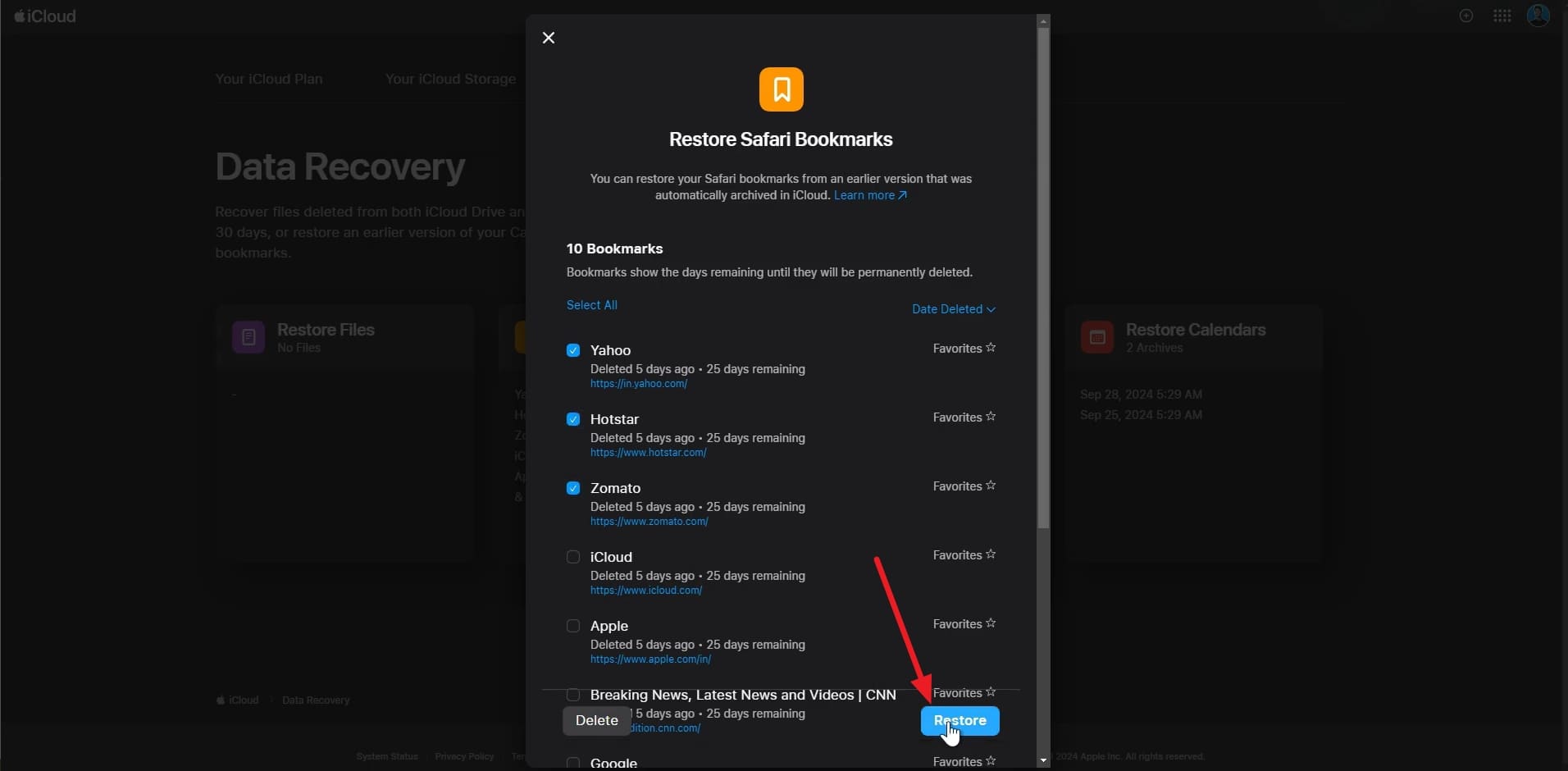 choose bookmarks and restore 