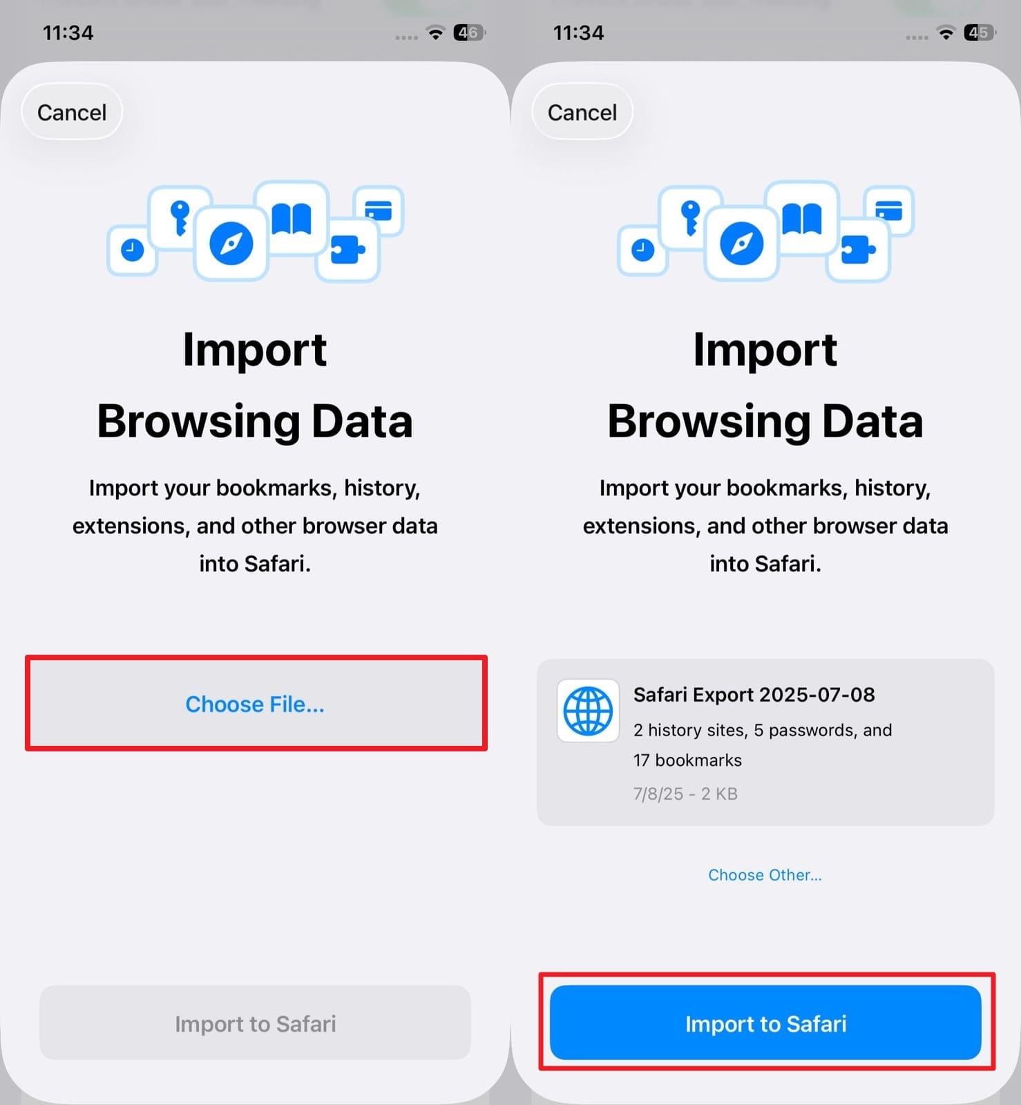 choose file and import to safari 