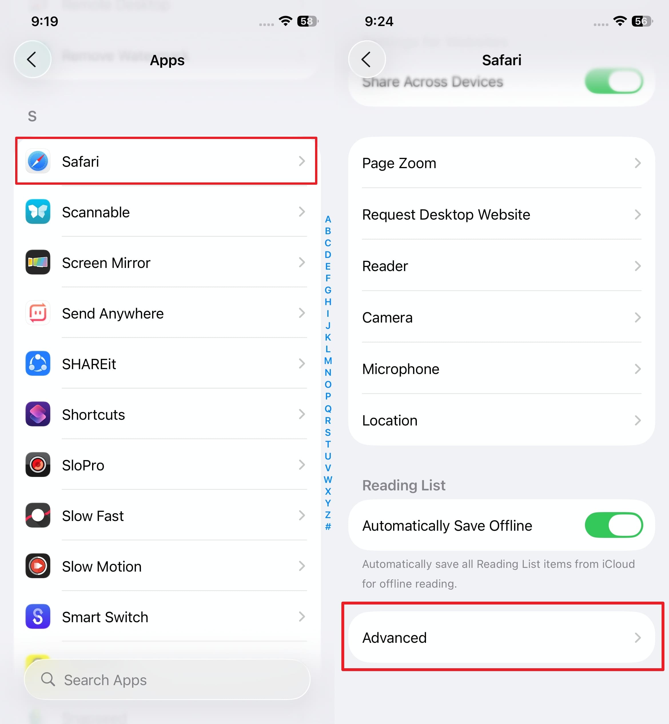 get advanced safari settings 