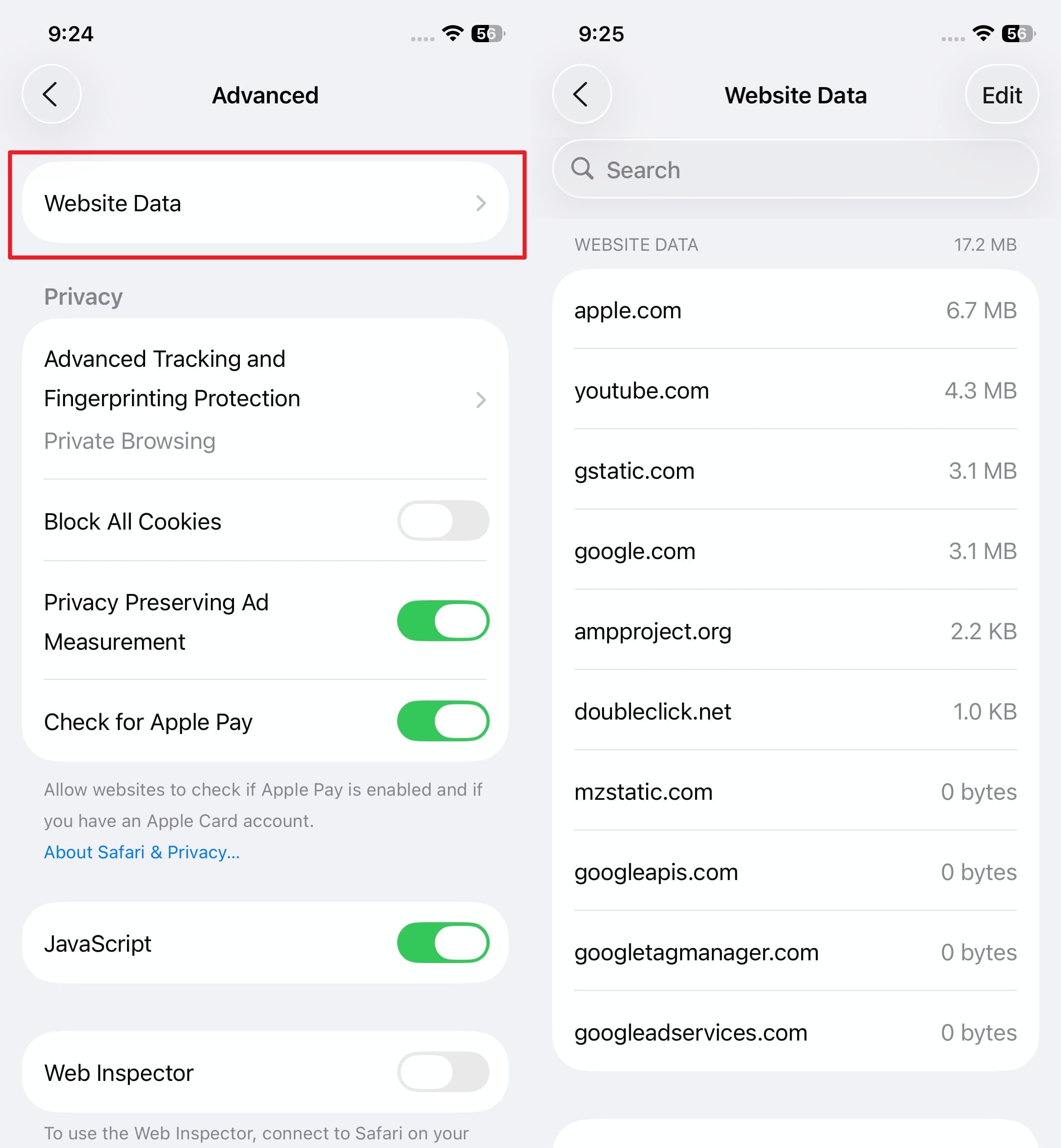 navigate to website data 