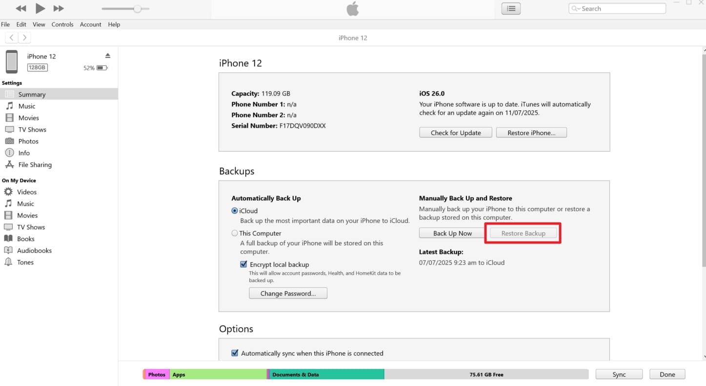 click restore backup button 