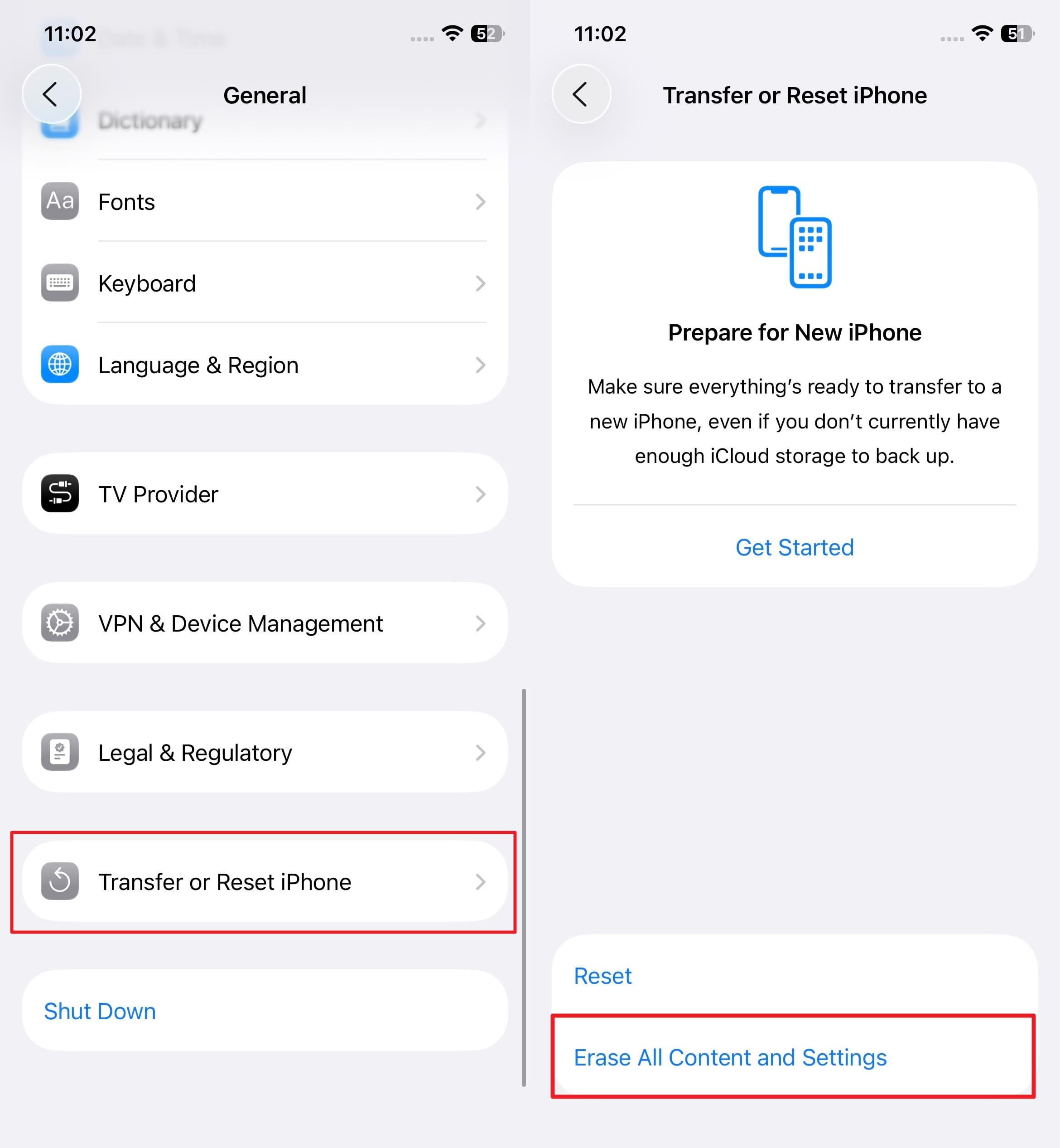 erase all content and settings iphone