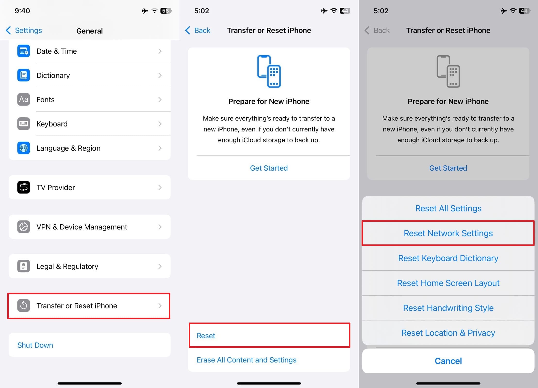 head towards reset network settings 
