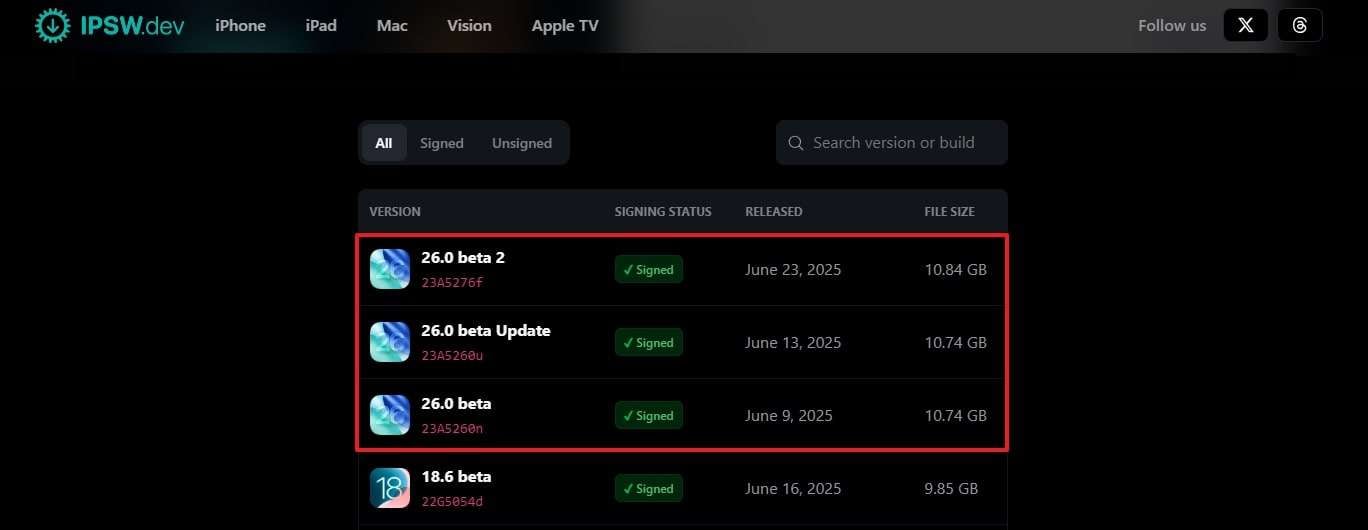ipsw website and ios26 beta files