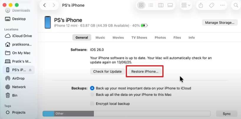 connect devices and restore iphone 