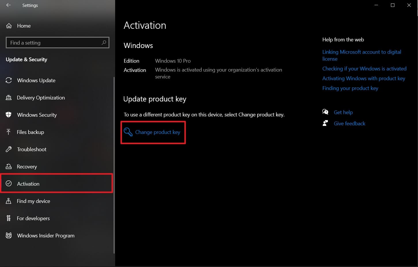 change product key from activation settings 