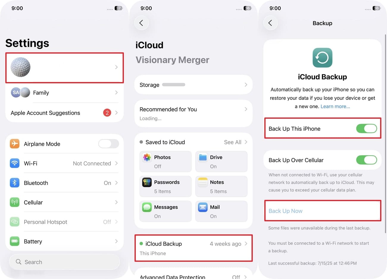 pick icloud backup in settings