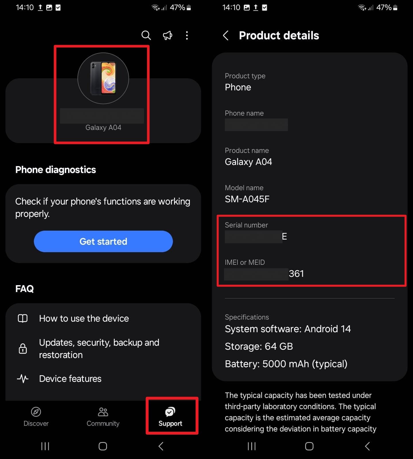 choose the support tab and imei