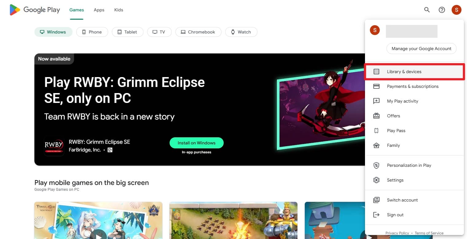 tap the profile on play store