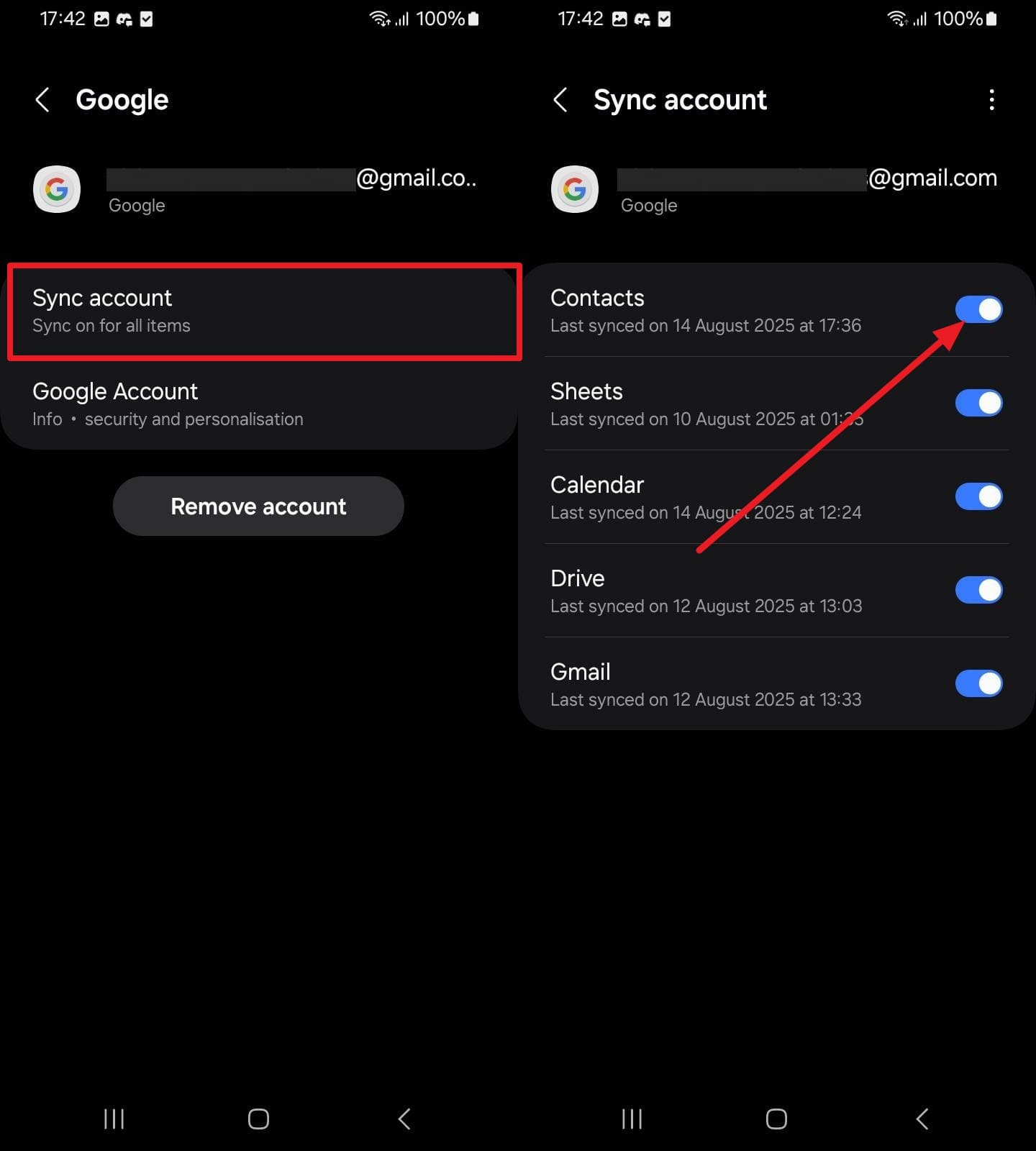 sync the google account
