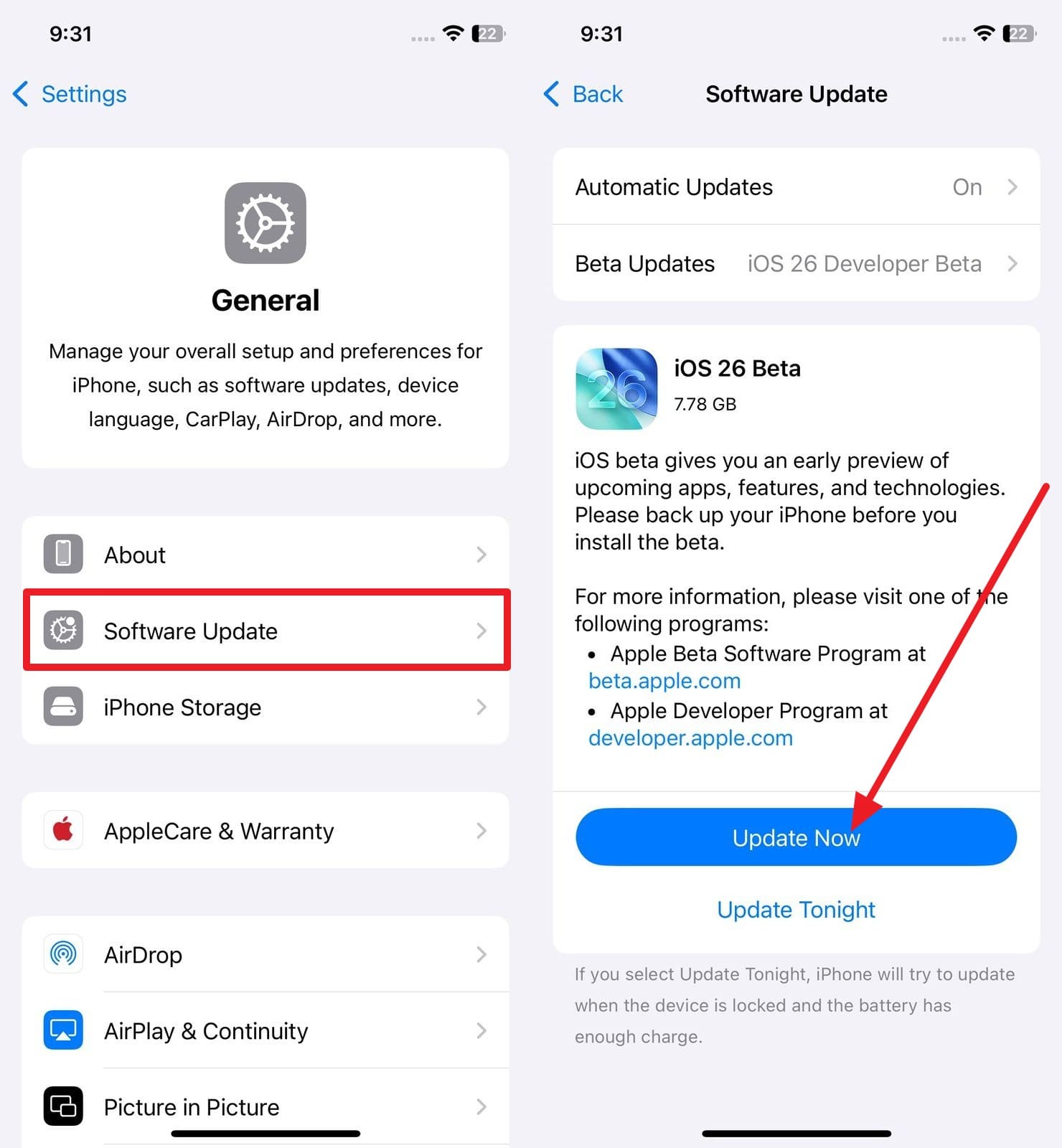 choose the update now button