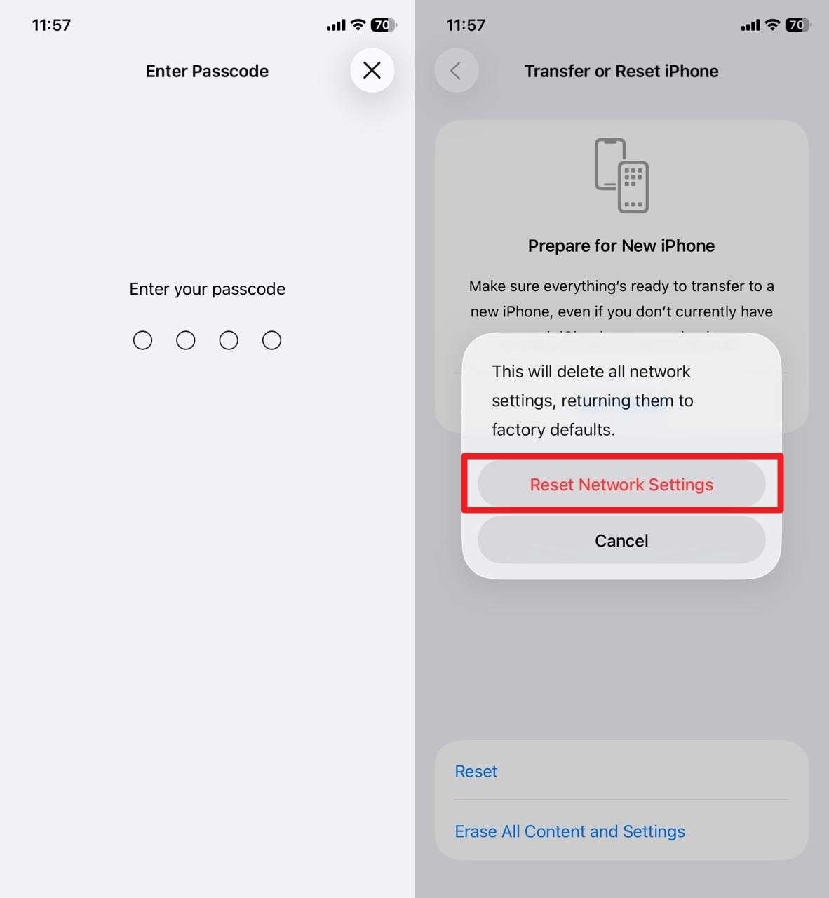 enter code and reset settings