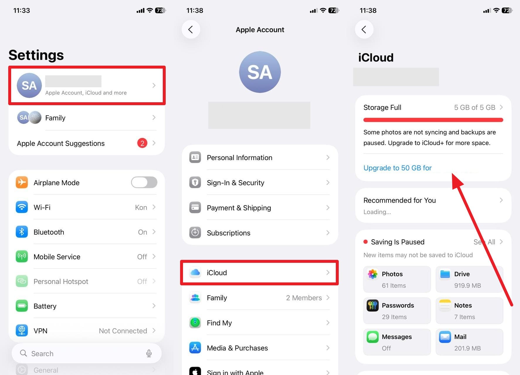 check icloud storage and upgrade