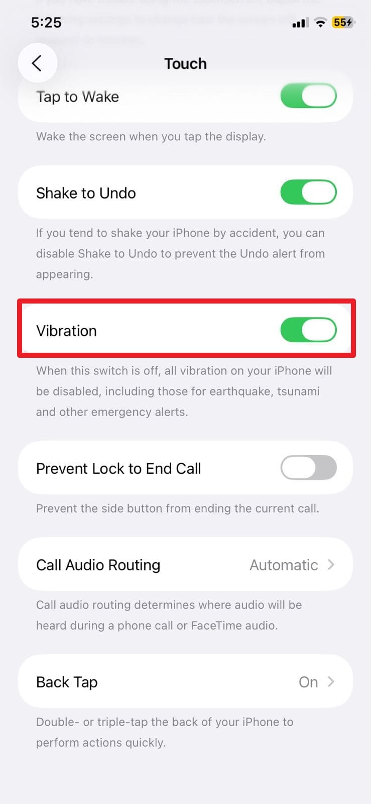 check vibration option