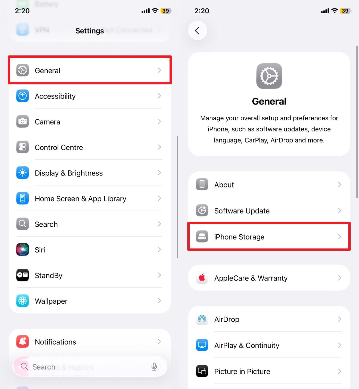 go to iphone storage