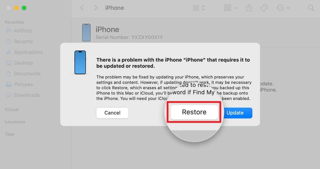 choose restore on itunes and finder