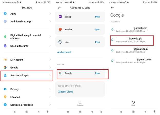 access account & sync to tap google