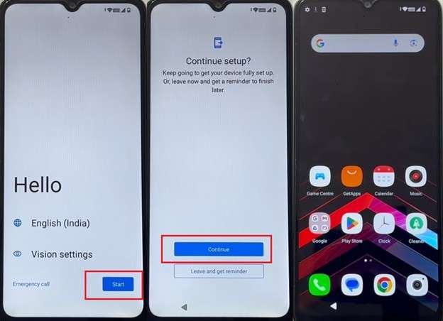 start setup to reach home screen