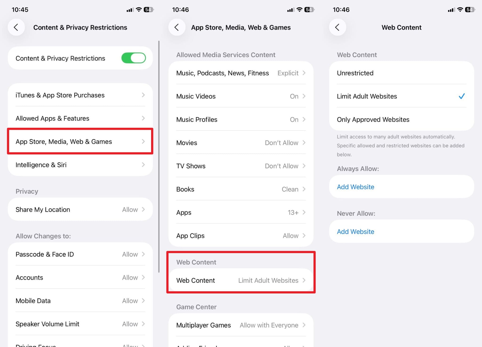 pick the web content settings