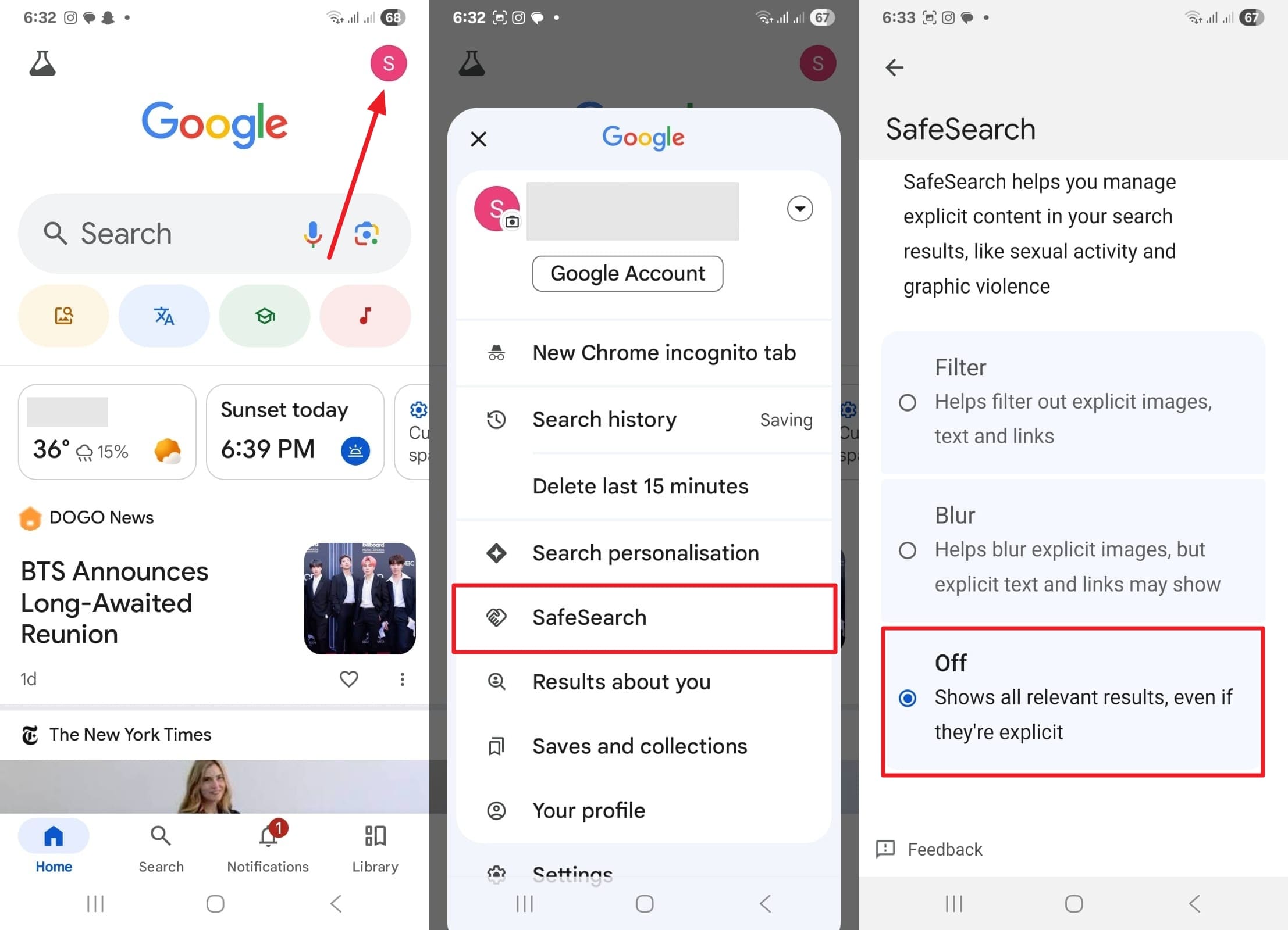 turn off safe search google