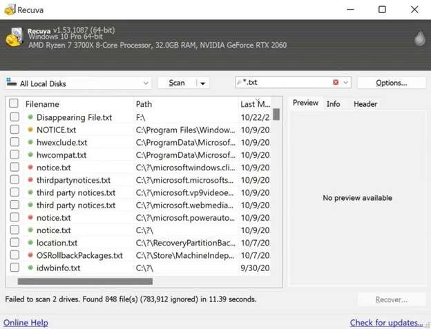 recuva user interface