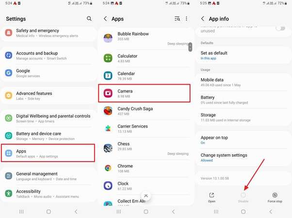 ensure camera app is not disabled