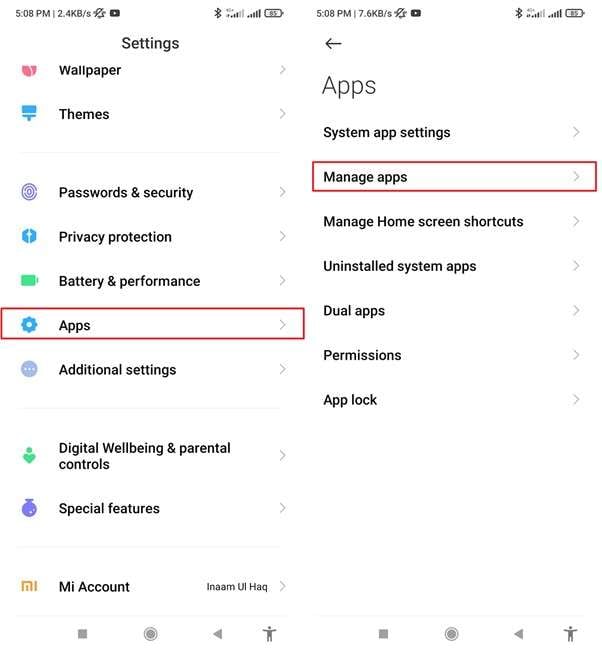 choose manage apps option
