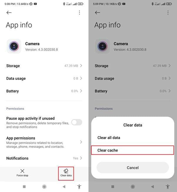 clear camera cache data