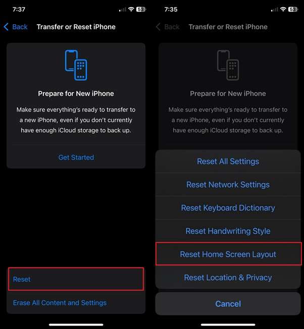 reset home screen layout setting