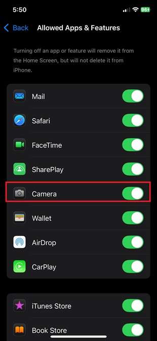 turn on camera toggle