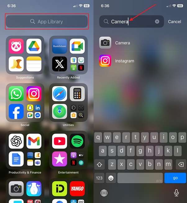search for camera in app library