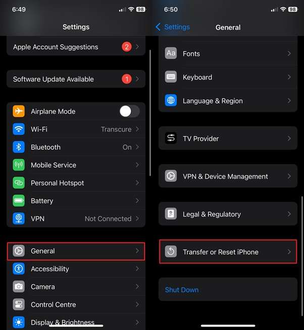 choose transfer or reset iphone