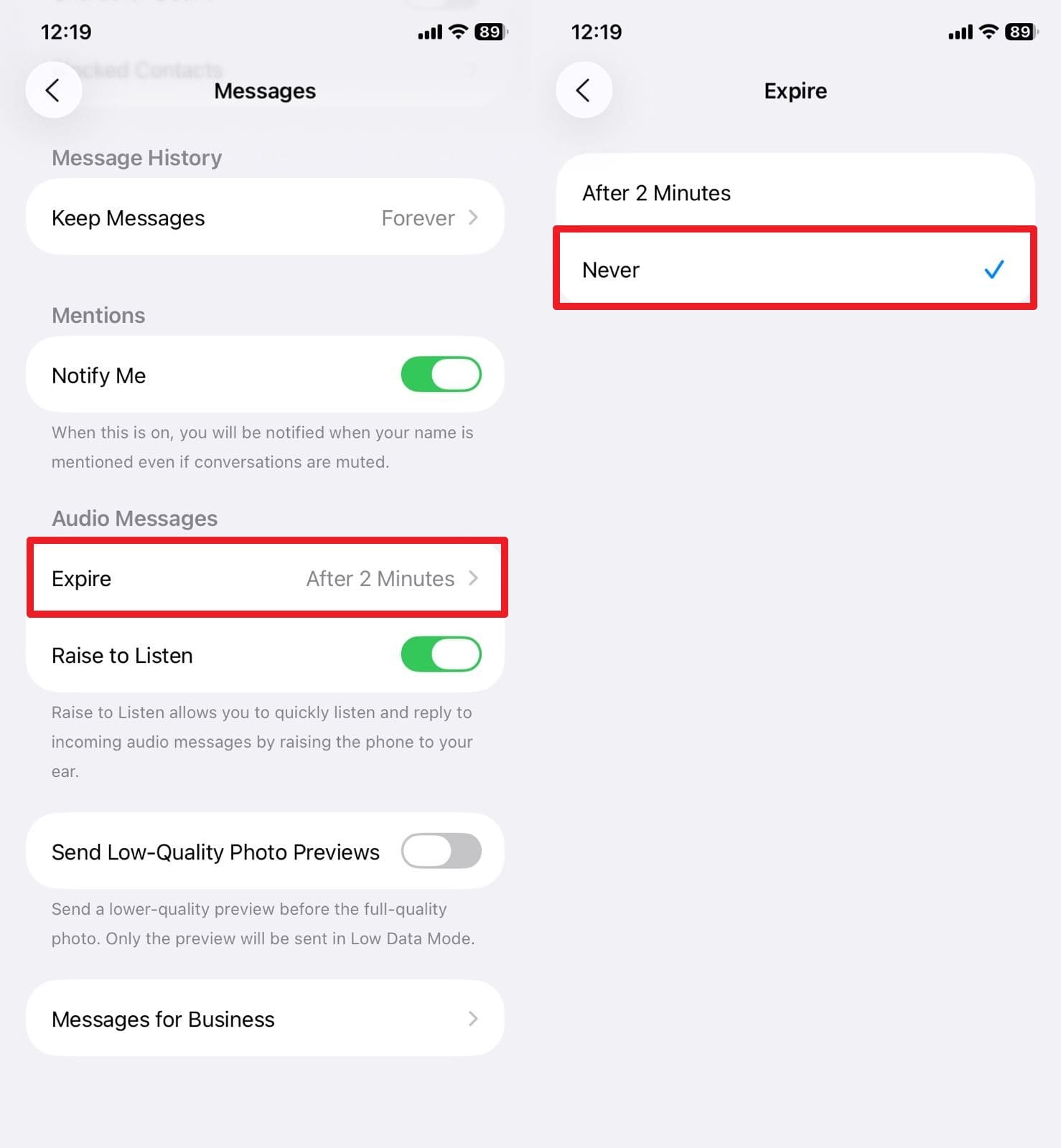 choose the never settings