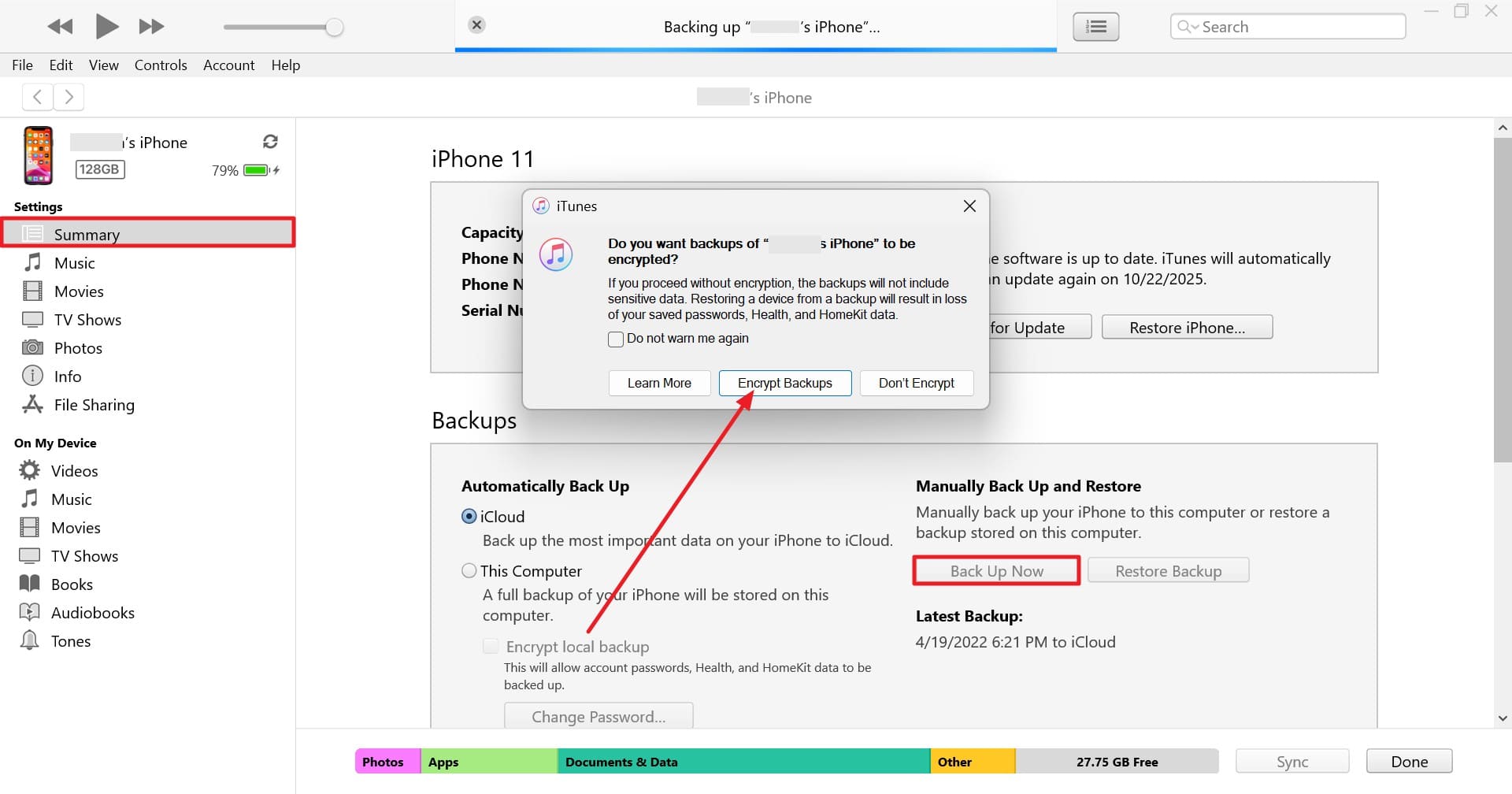 backup iphone on itunes
