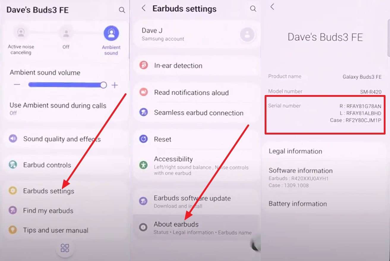 locate the earbuds serial number