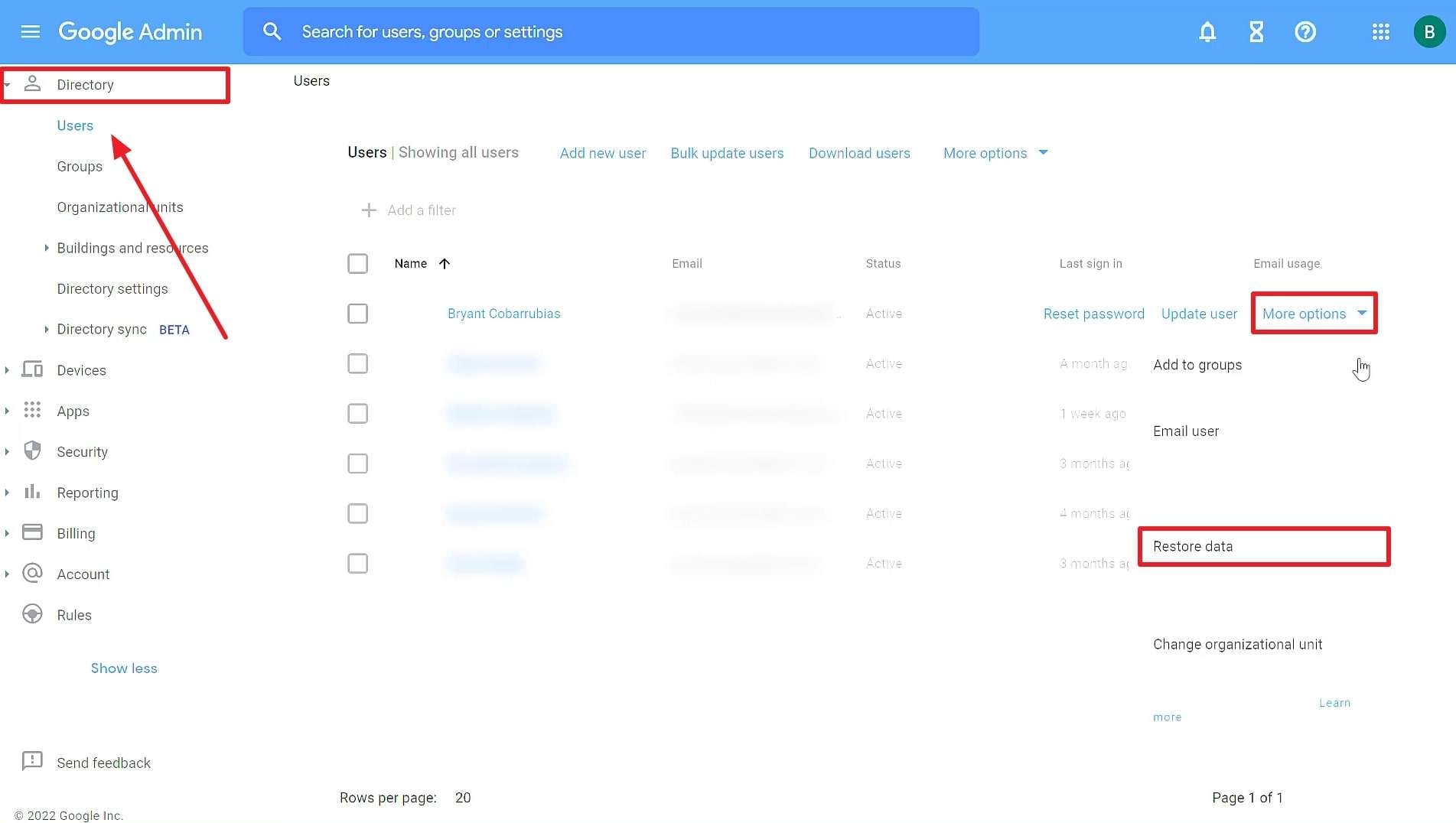 access google admin to restore data