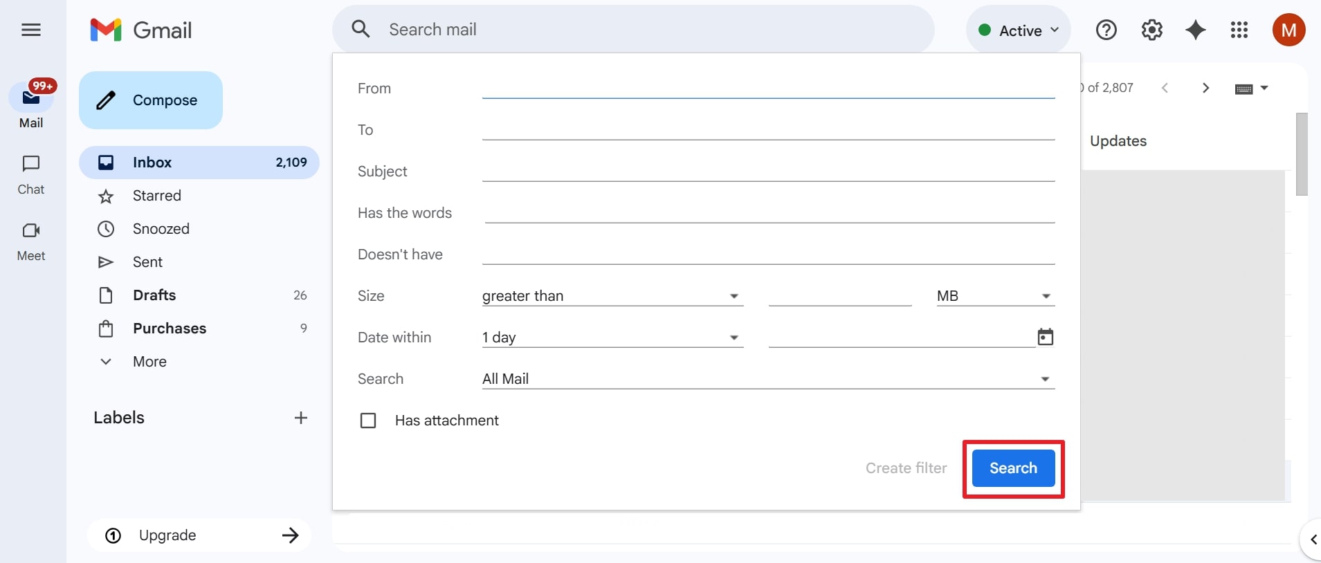enter details to search on gmail