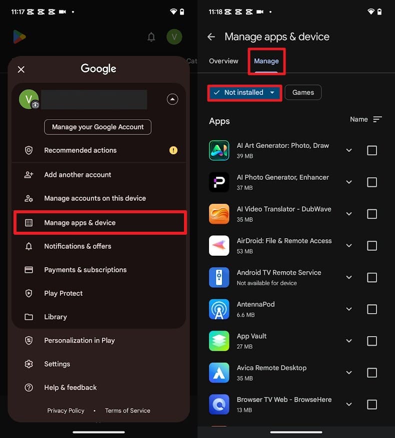 choose manage apps and device