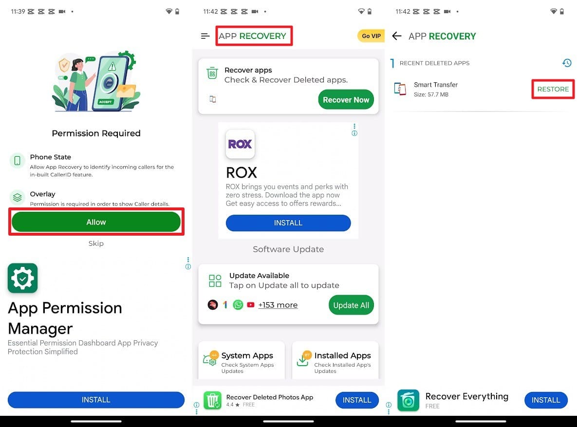 pick the restore option on app
