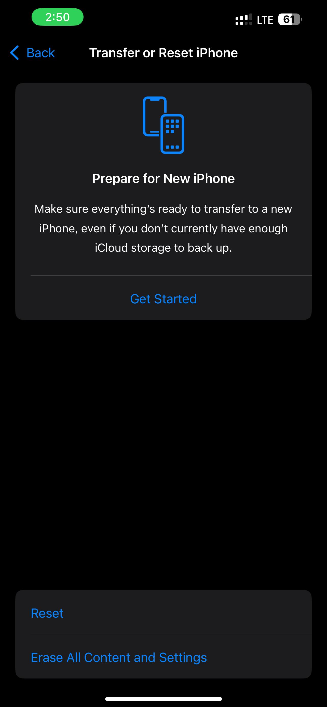 select erase all content and settings