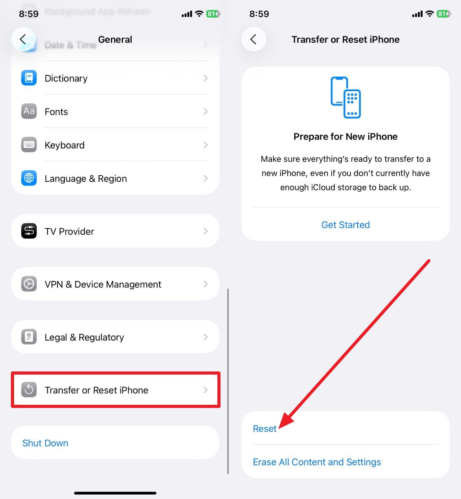 choose the reset settings