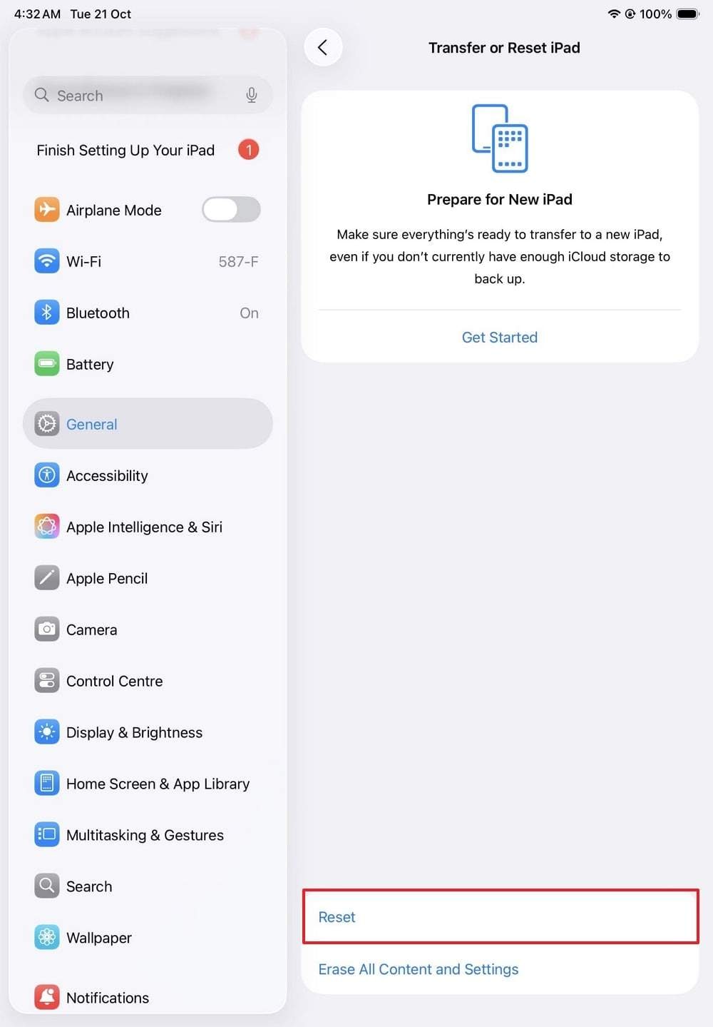 pick the reset button on ipad