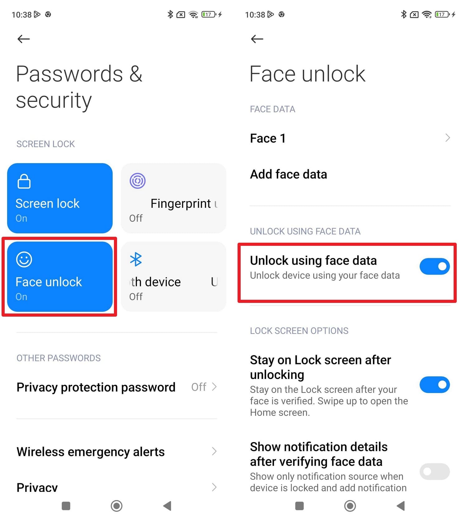 toggle the face unlock