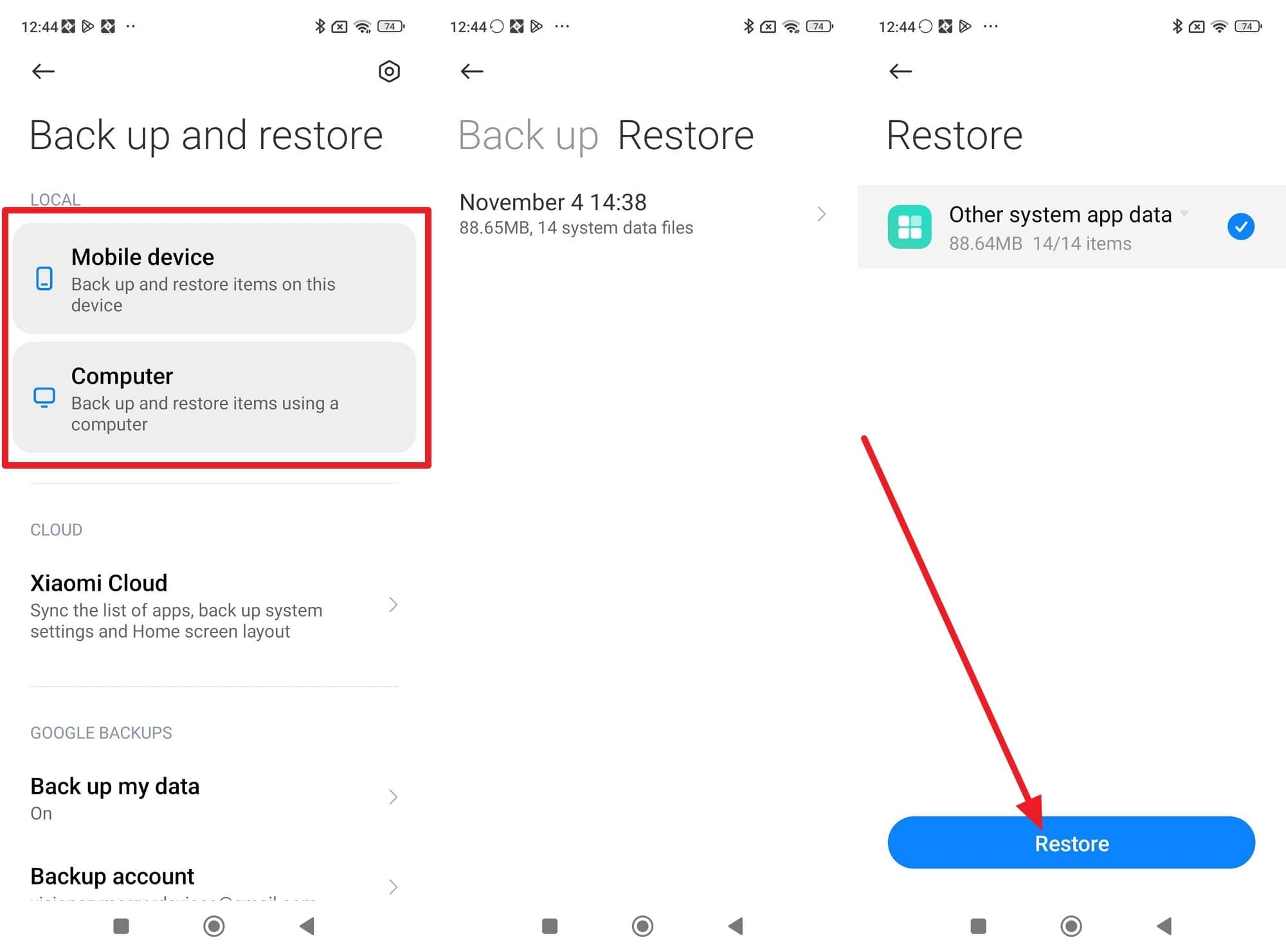 restore the backup on redmi
